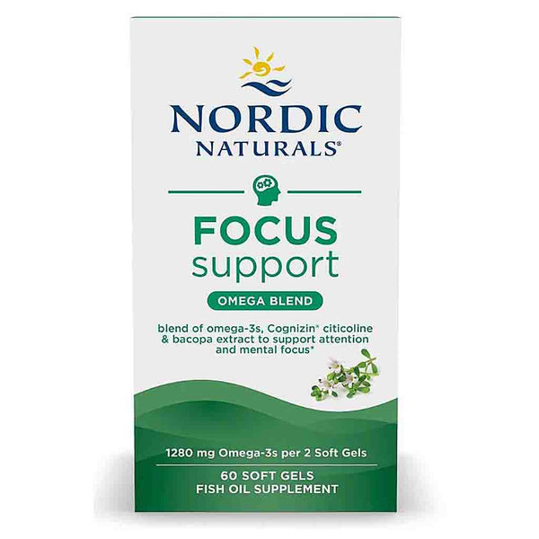 Nordic Naturals Focus Support Omega Blend fish oil supplement box, 60 soft gels, on a white background.