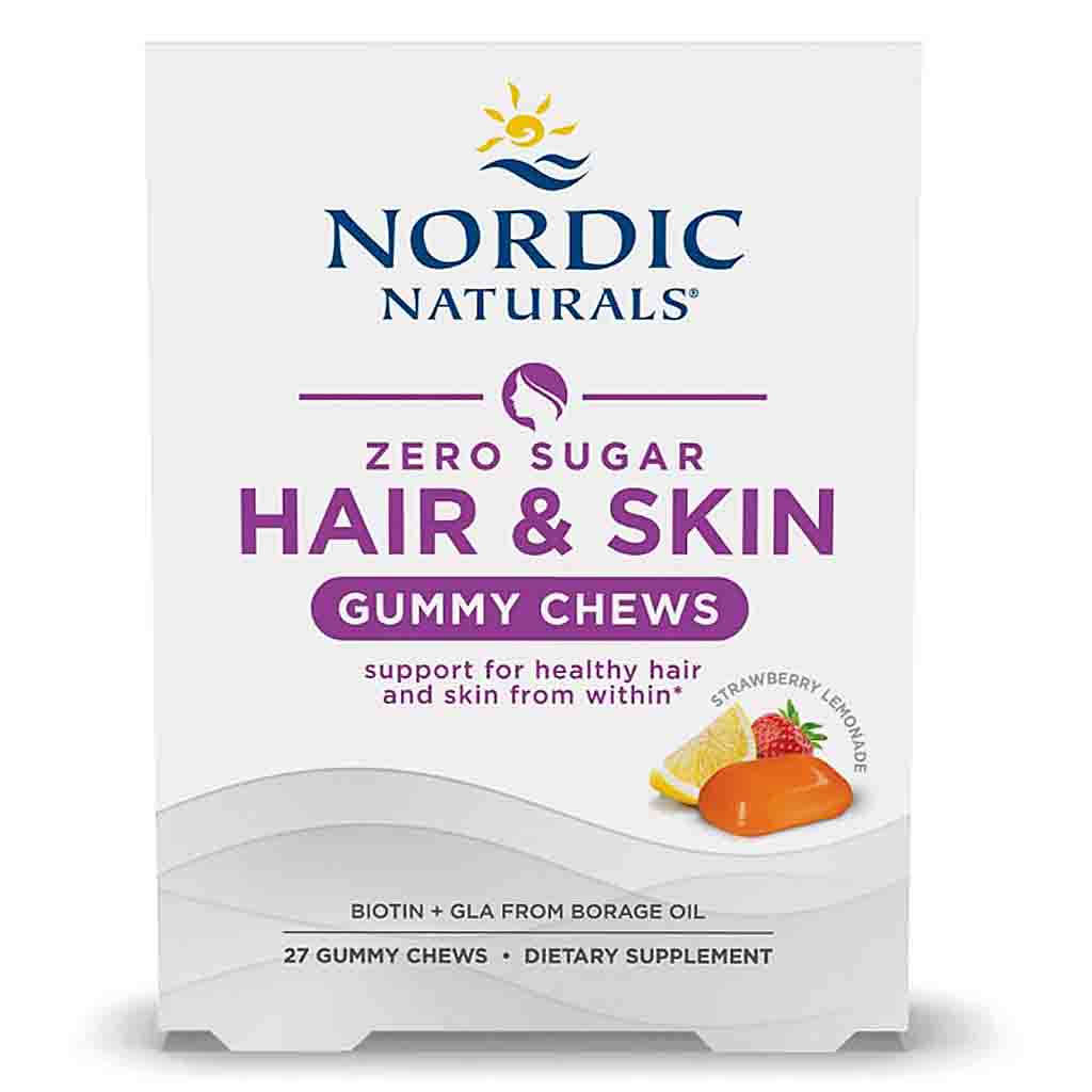 Nordic Naturals Zero Sugar Hair & Skin Gummy Chews box, Strawberry Lemonade flavor, containing 27 gummy chews.
