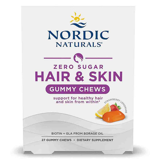 Nordic Naturals Zero Sugar Hair & Skin Gummy Chews box, Strawberry Lemonade flavor, containing 27 gummy chews.