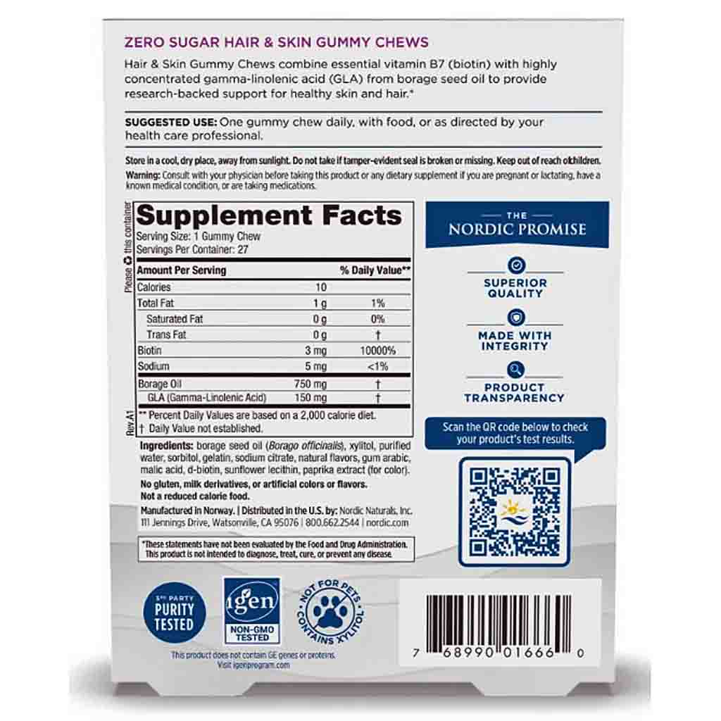 Back of a gummy chew package showing Supplement Facts, a QR code, and branding for The Nordic Promise and iden. The package is mostly white with blue and purple text and graphics.