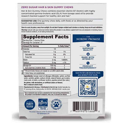 Back of a gummy chew package showing Supplement Facts, a QR code, and branding for The Nordic Promise and iden. The package is mostly white with blue and purple text and graphics.
