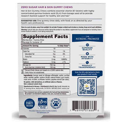 Nordic Naturals Hair & Skin (zero sugar)(Strawberry/Watermelon) 27 gummy chews
