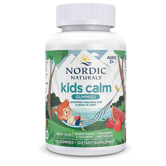 A white plastic bottle of Nordic Naturals Kids Calm Gummies, featuring a colorful label with illustrations of a child, trees, mountains, and watermelon slices.