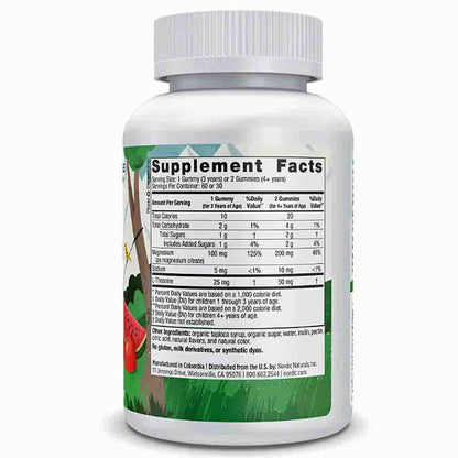 A white plastic bottle of dietary supplements with a ribbed white cap, showing the back label with 'Supplement Facts' text, watermelon graphics, and a green brand banner at the bottom.