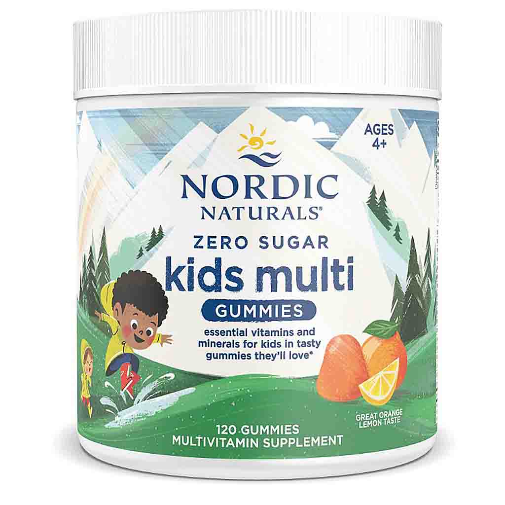 A white plastic tub of Nordic Naturals Zero Sugar Kids Multi Gummies, featuring a colorful label with a mountain landscape, children, and oranges on a white background.