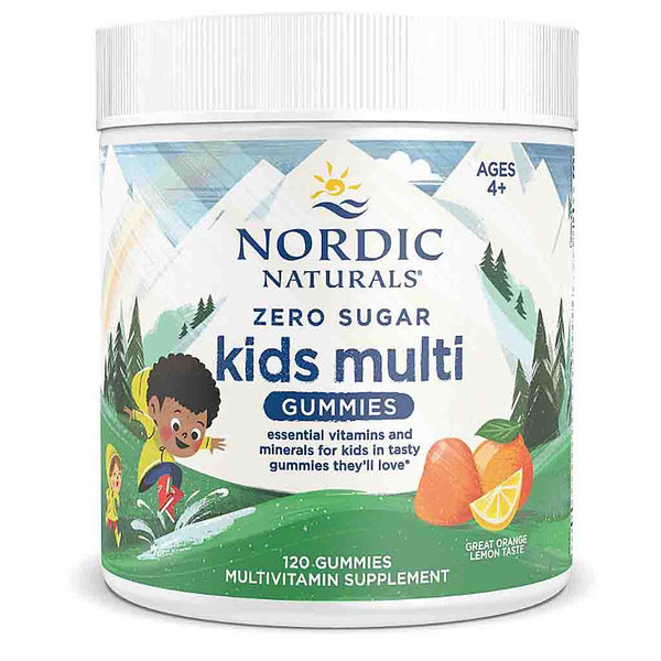 A white plastic tub of Nordic Naturals Zero Sugar Kids Multi Gummies, featuring a colorful label with a mountain landscape, children, and oranges on a white background.