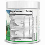 A white plastic supplement jar shown from a side/back angle, displaying the Supplement Facts label with a green and blue design and a white cap.