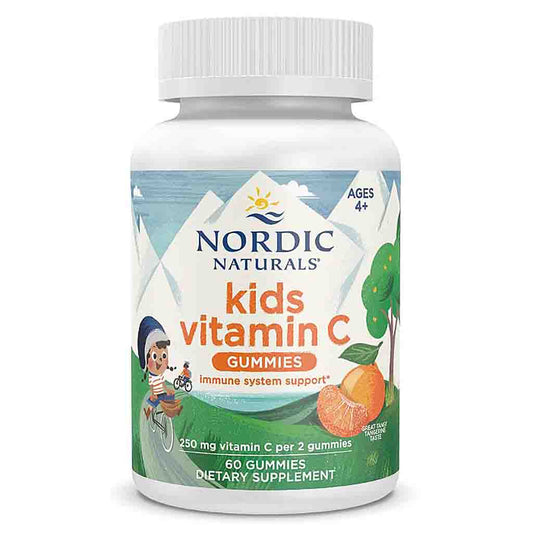 A white plastic bottle of Nordic Naturals Kids Vitamin C Gummies, featuring a colorful label with a child riding a bicycle, a mountain, and an orange slice, on a plain white background.