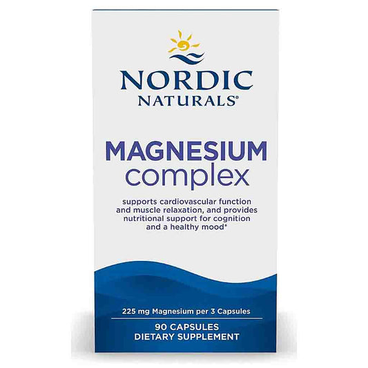 Nordic Naturals Magnesium Complex dietary supplement box, 90 capsules, 225 mg, featuring a white and blue design with a yellow sun logo.