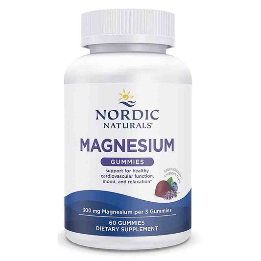A white plastic bottle of Nordic Naturals Magnesium Gummies, 50 count, on a clean white background.