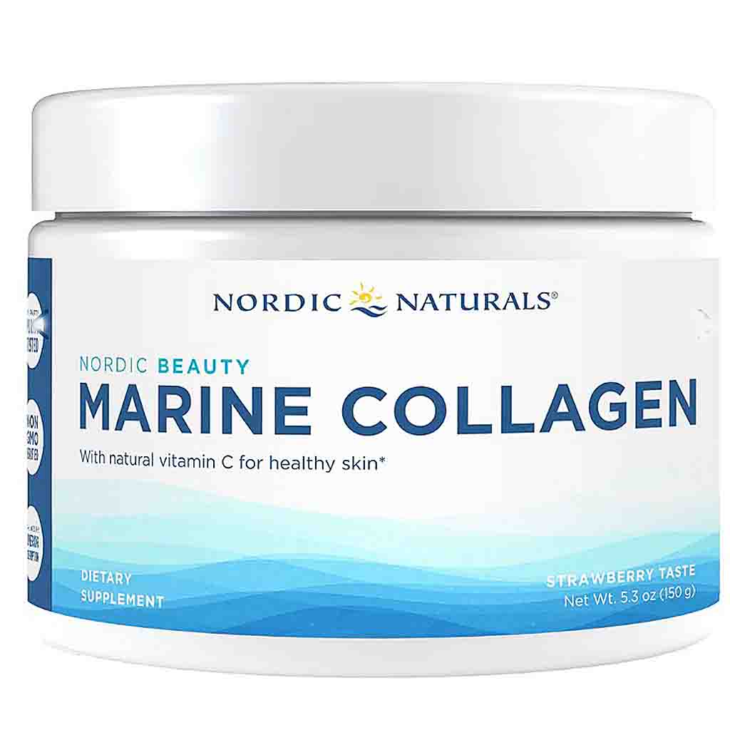A white plastic jar of Nordic Naturals Marine Collagen dietary supplement with a blue and white label, on a plain white background.
