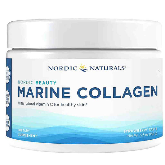 A white plastic jar of Nordic Naturals Marine Collagen dietary supplement with a blue and white label, on a plain white background.
