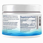 A white plastic supplement jar shown from the back, displaying the supplement facts panel, suggested use, and storage instructions. The container features a white lid and a label with black text and a blue gradient band at the bottom.