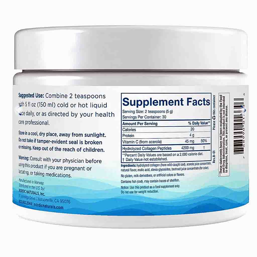 A white plastic supplement jar shown from the back, displaying the supplement facts panel, suggested use, and storage instructions. The container features a white lid and a label with black text and a blue gradient band at the bottom.