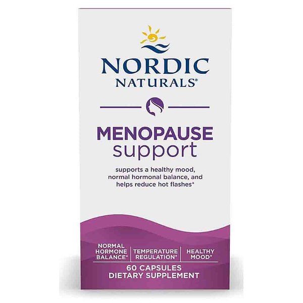 Nordic Naturals Menopause Support dietary supplement box, containing 60 capsules, on a white background.