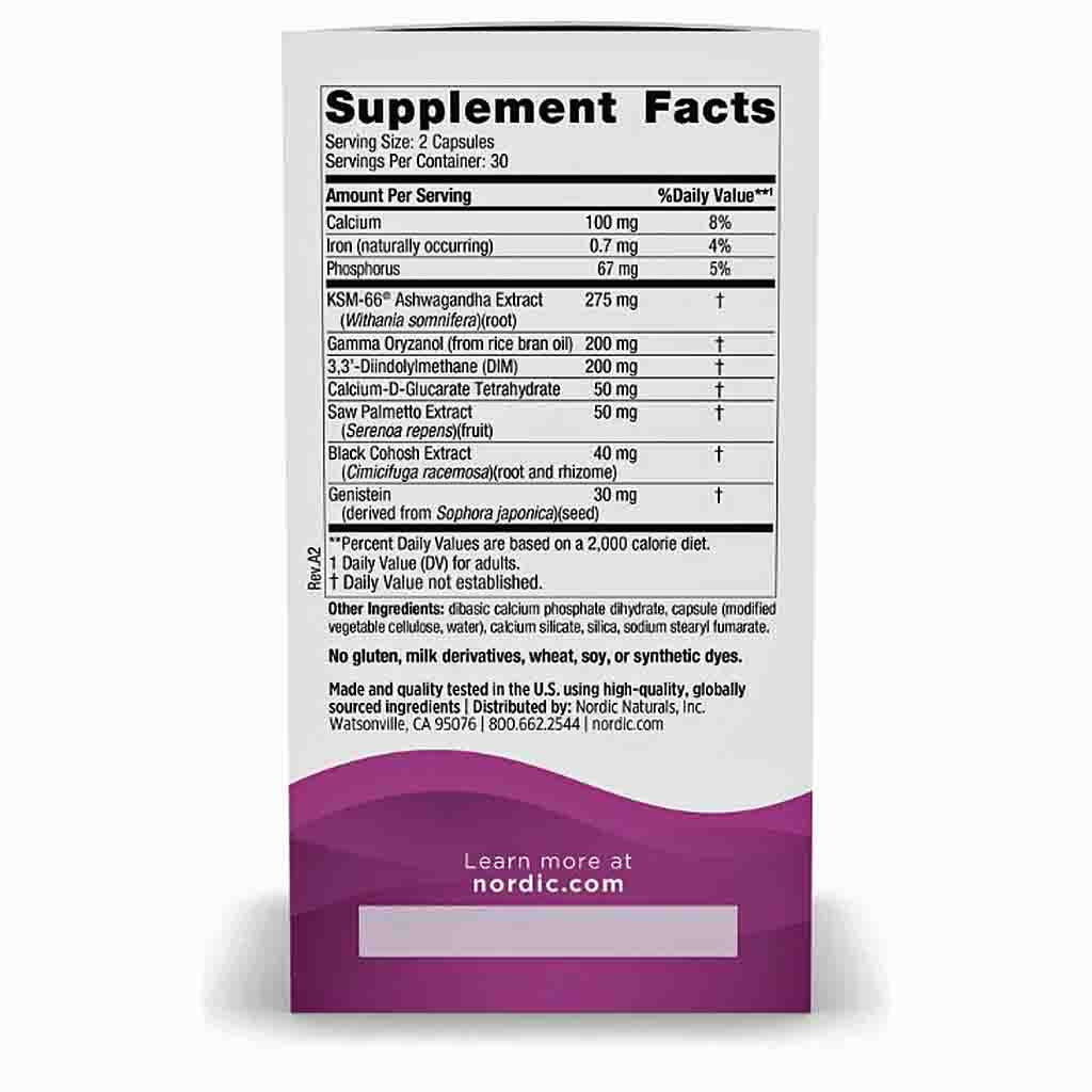 The back of a supplement bottle showing the Supplement Facts label with ingredient details and a purple Nordic Nutrition branding section at the bottom.