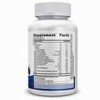 A white plastic bottle of dietary supplements with a ribbed white cap, showing the back label with 'Supplement Facts' and a blue band near the bottom, on a white background.