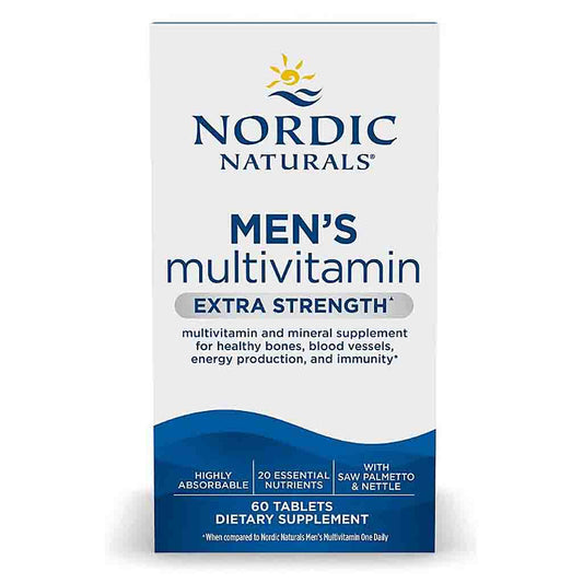 Nordic Naturals Men's Multivitamin Extra Strength dietary supplement box, 60 tablets, on a white background.