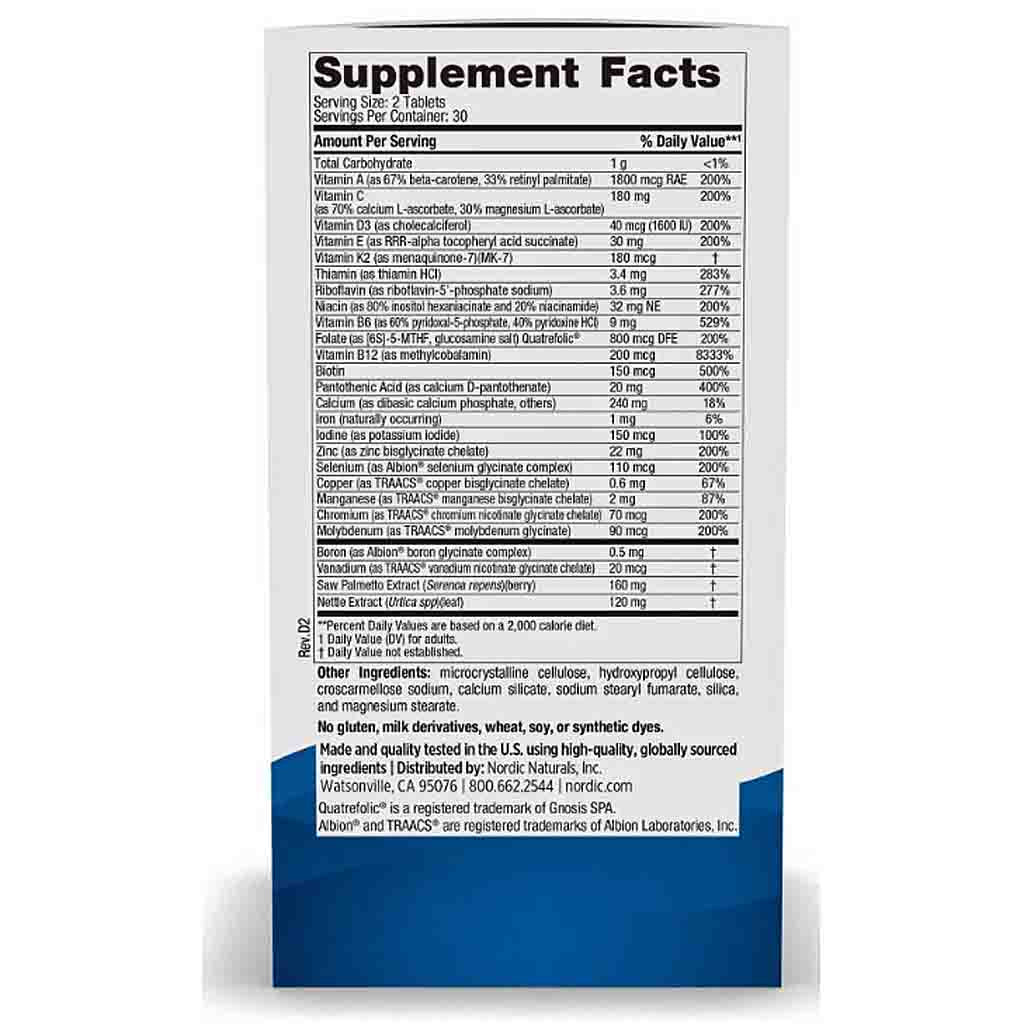 A supplement facts label card shown upright against a plain white background. The label has a white top section with black text listing nutrients and serving size, and a blue bottom band with additional text.