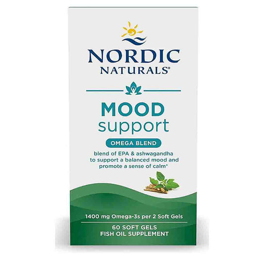 Nordic Naturals Mood Support Omega Blend fish oil supplement box, containing 60 soft gels, on a white background.