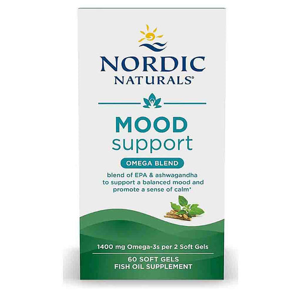Nordic Naturals Mood Support Omega Blend fish oil supplement box, containing 60 soft gels, on a white background.