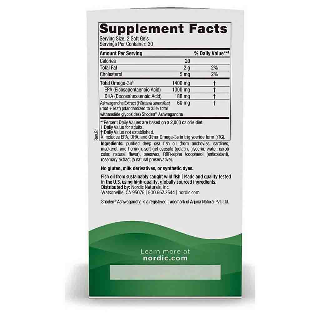 The back of a white and green Shodor Ahwagwada supplement bottle, showing the Supplement Facts label with nutritional information and a green footer that reads 'Learn more at nordic.com'.