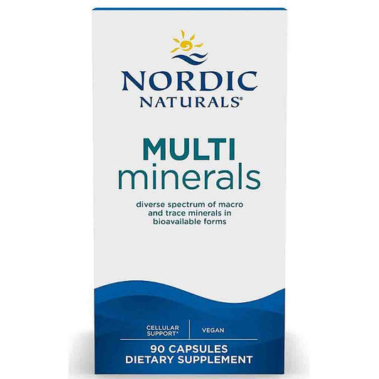 Nordic Naturals Multi Minerals dietary supplement box, 90 capsules, featuring a white and blue design with a yellow sun logo.