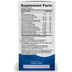 The back of a white supplement box showing the Supplement Facts label with a blue footer, photographed against a white background.