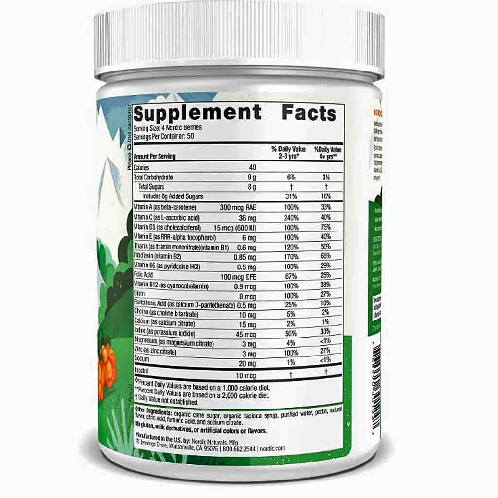 A white plastic bottle of dietary supplements shown from the back, displaying the detailed Supplement Facts label with a green and white design.
