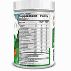 A white plastic bottle of dietary supplements shown from the back, displaying the detailed Supplement Facts label with a green and white design.