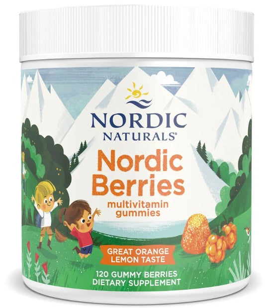 A white plastic tub of Nordic Naturals Nordic Berries multivitamin gummies, featuring a colorful label with mountains, children, and orange berries on a green landscape.