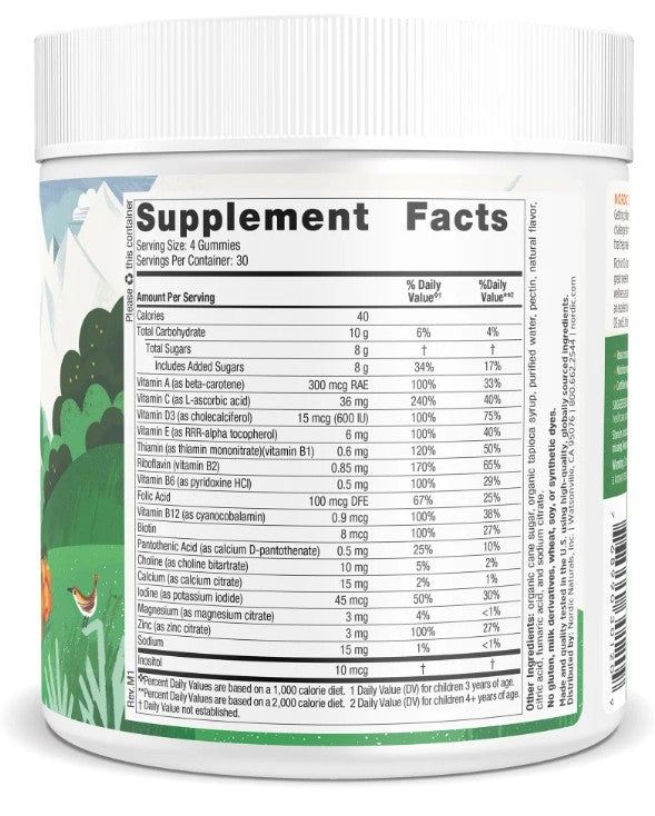 A white plastic bottle of dietary supplements showing the back label with the Supplement Facts panel, nutrition information, and a green landscape illustration.