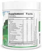 A white plastic bottle of dietary supplements showing the back label with the Supplement Facts panel, nutrition information, and a green landscape illustration.