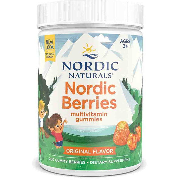 A white plastic bottle of Nordic Naturals Nordic Berries Multivitamin Gummies, featuring a colorful label with illustrations of children, berries, and mountains.