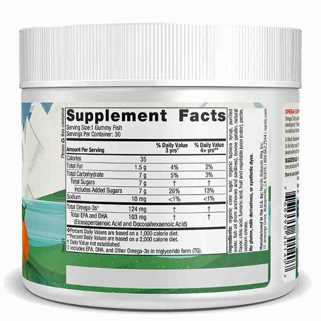 A white plastic tub of Gummy Fish brand Gummy Gains dietary supplement, showing the Supplement Facts label on a white background.