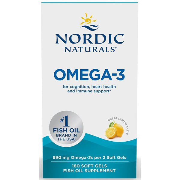 Nordic Naturals Omega-3 supplement packaging with lemon flavor indication on a white background