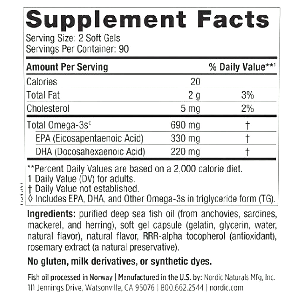 Supplement facts label for a fish oil product with nutritional information and ingredients listed.