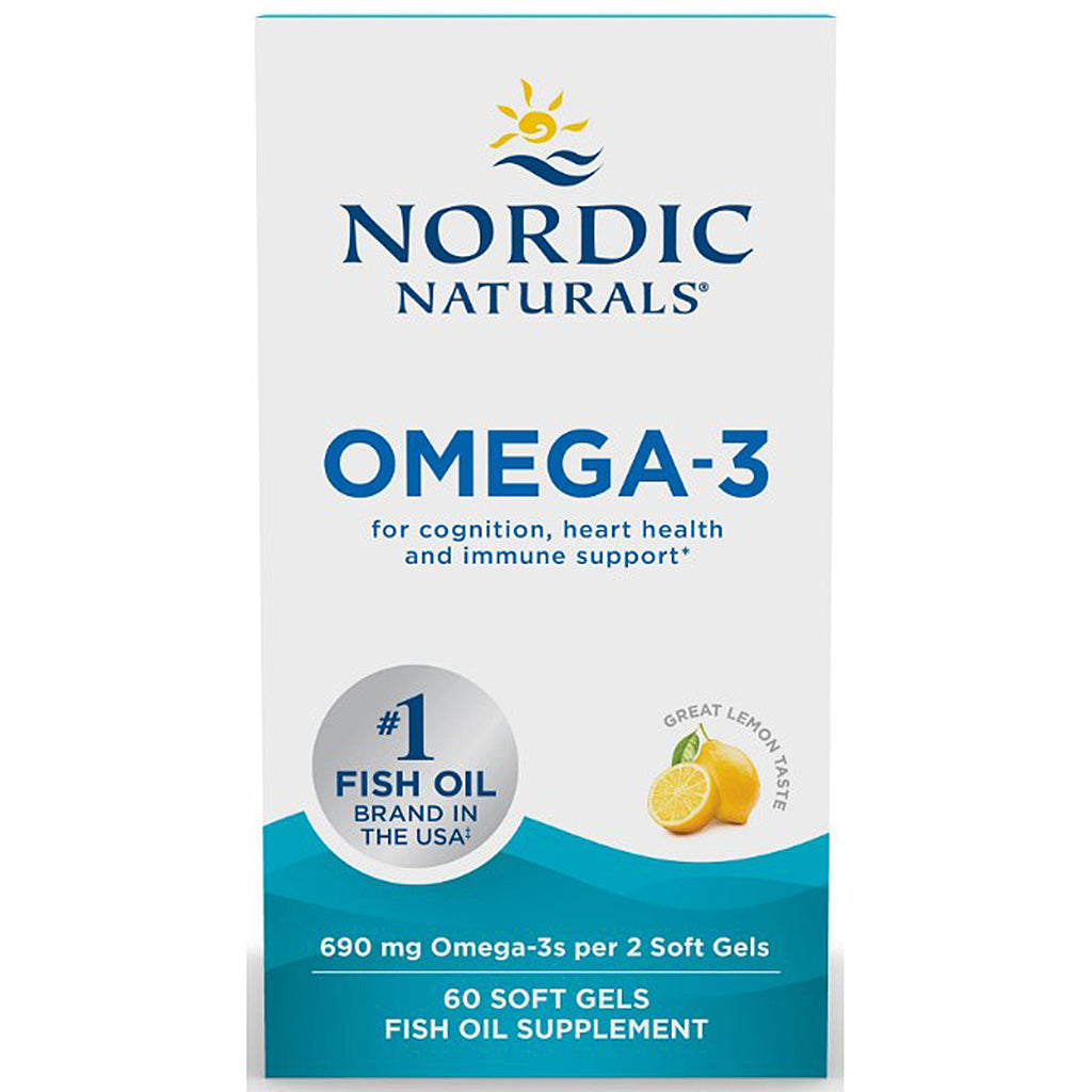 Nordic Naturals Omega-3 supplement packaging with lemon illustration on a white background