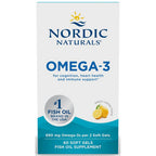 Nordic Naturals Omega-3 supplement packaging with lemon illustration on a white background