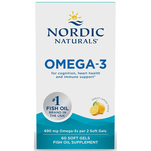 Nordic Naturals Omega-3 supplement packaging with lemon illustration on a white background