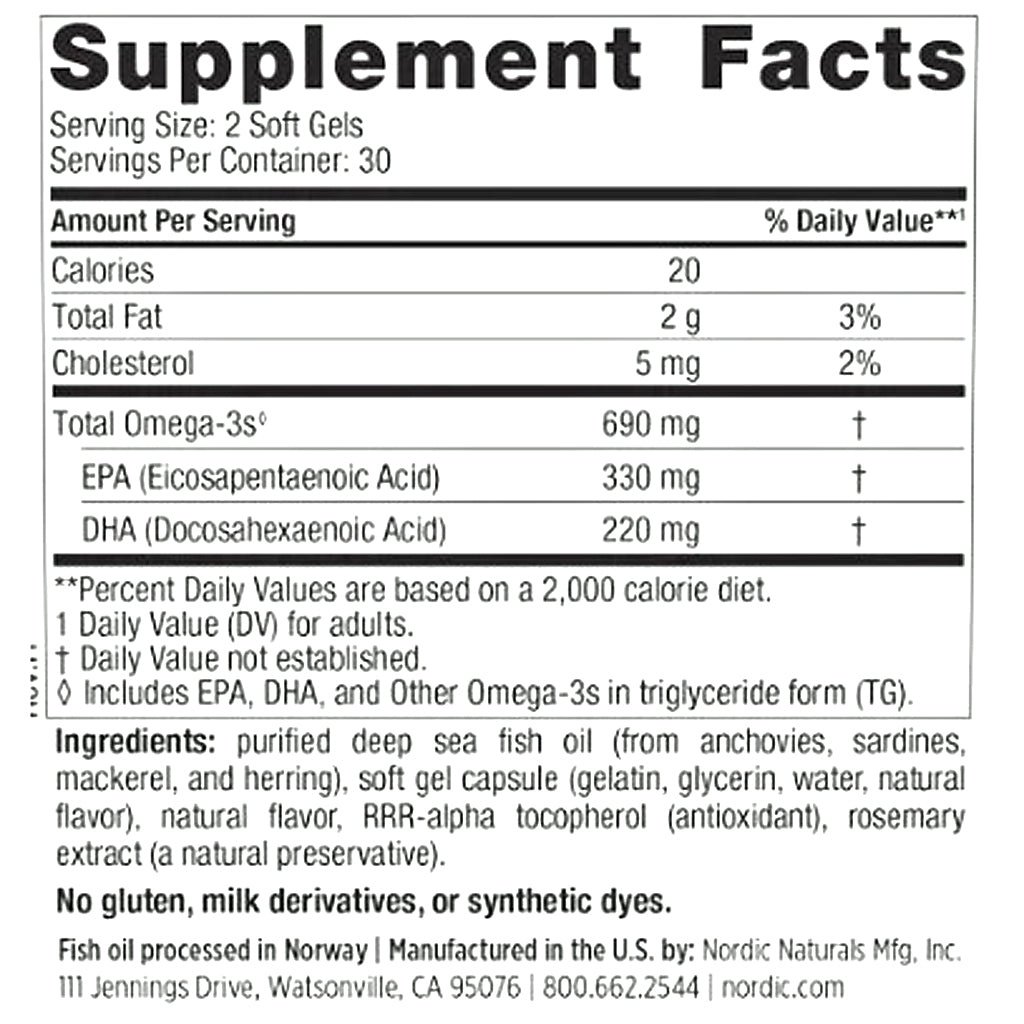 Supplement facts label for a fish oil product with nutritional information and ingredients listed.