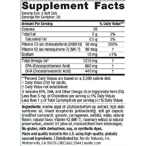 Nordic Naturals Ultimate Omega w/D3+K2 Plant Based 60 softgels