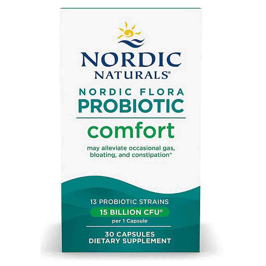 Nordic Naturals Nordic Flora Probiotic Comfort dietary supplement box, featuring a white and teal design with blue and green text, on a white background.