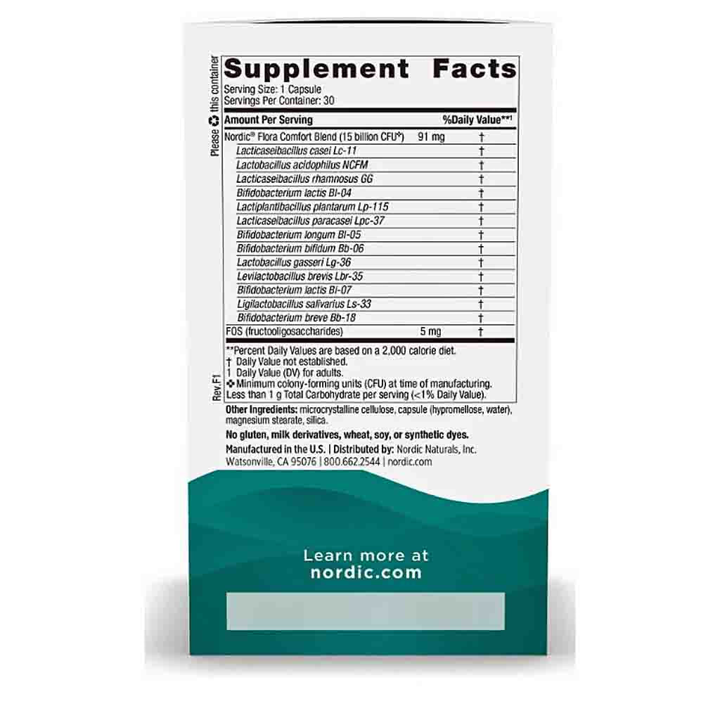 The back of a Nordic Naturals dietary supplement bottle, showing the Supplement Facts panel with a teal lower section and white upper section, on a plain white background.