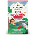 Nordic Naturals Kids Probiotic Quick Melt Powder box, 30 packets, featuring a colorful illustration of a child on a swing in a landscape with raspberries and a small sachet of the product.