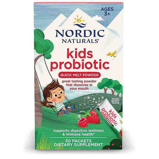 Nordic Naturals Kids Probiotic Quick Melt Powder box, 30 packets, featuring a colorful illustration of a child on a swing in a landscape with raspberries and a small sachet of the product.