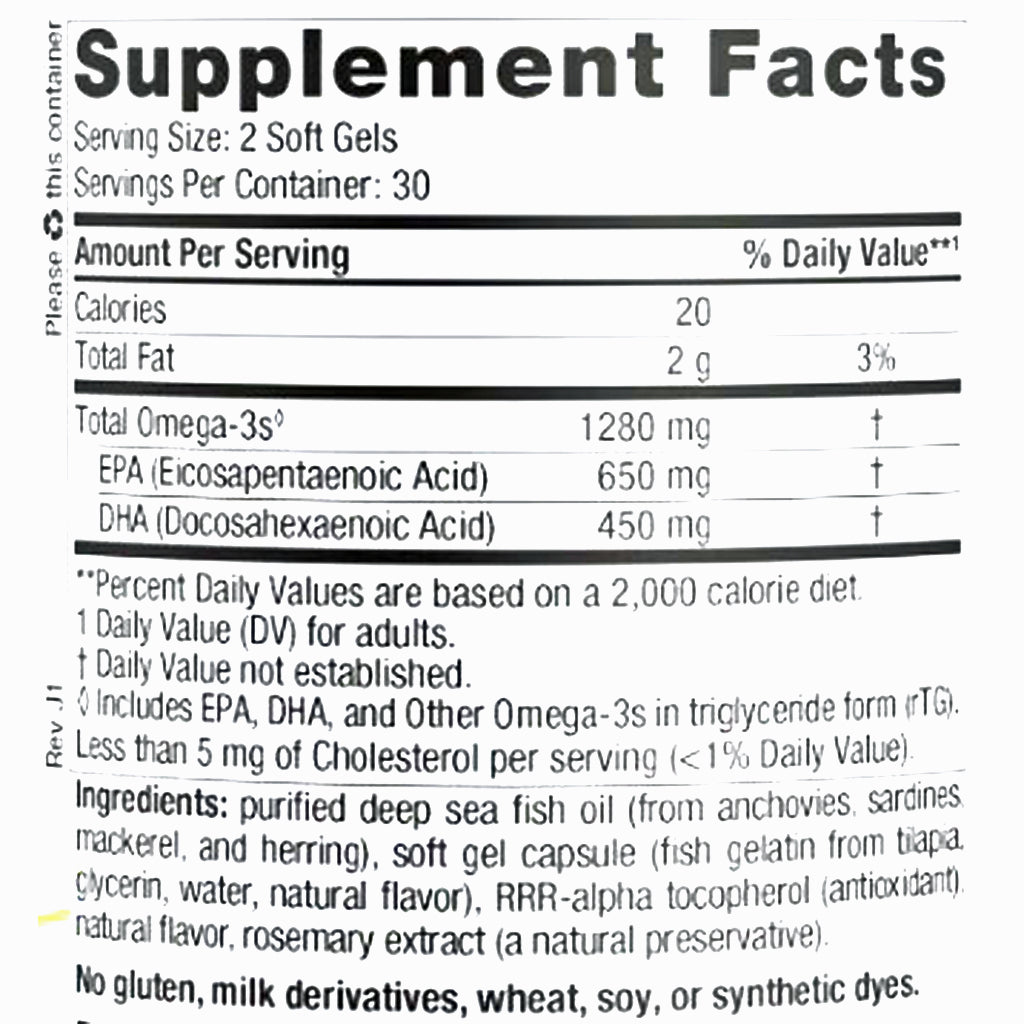 Supplement facts label for a product with omega-3s on a white background