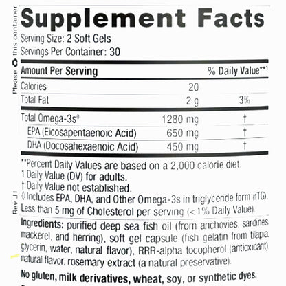 Supplement facts label for a product with omega-3s on a white background