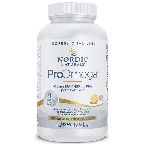 Nordic Naturals ProOmega fish oil supplement bottle on a white background
