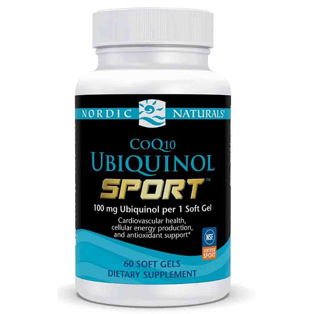 A white plastic bottle of Nordic Naturals CoQ10 Ubiquinol Sport dietary supplement, featuring a black label with blue and gold text and graphics, on a white background.
